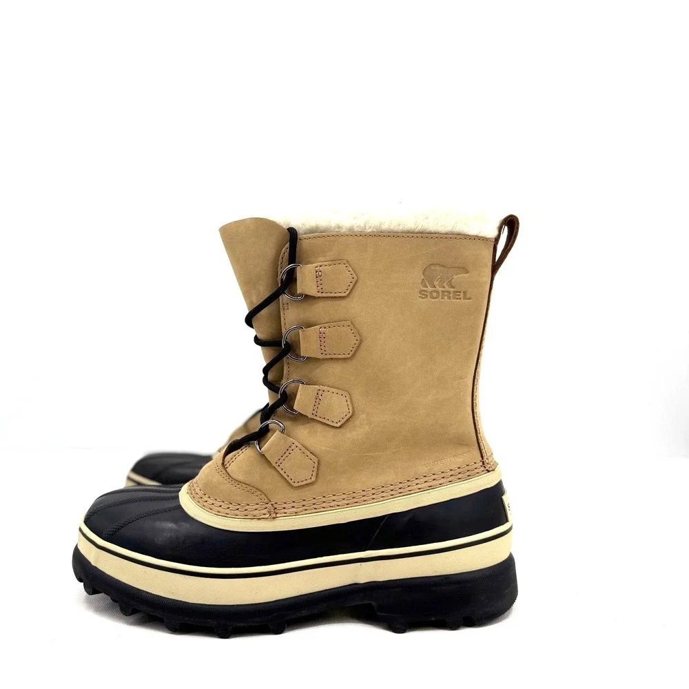 Sorel Caribou Waterproof Boots Mens 8.5 Tan Leather Winter Snow Faux Fur‎